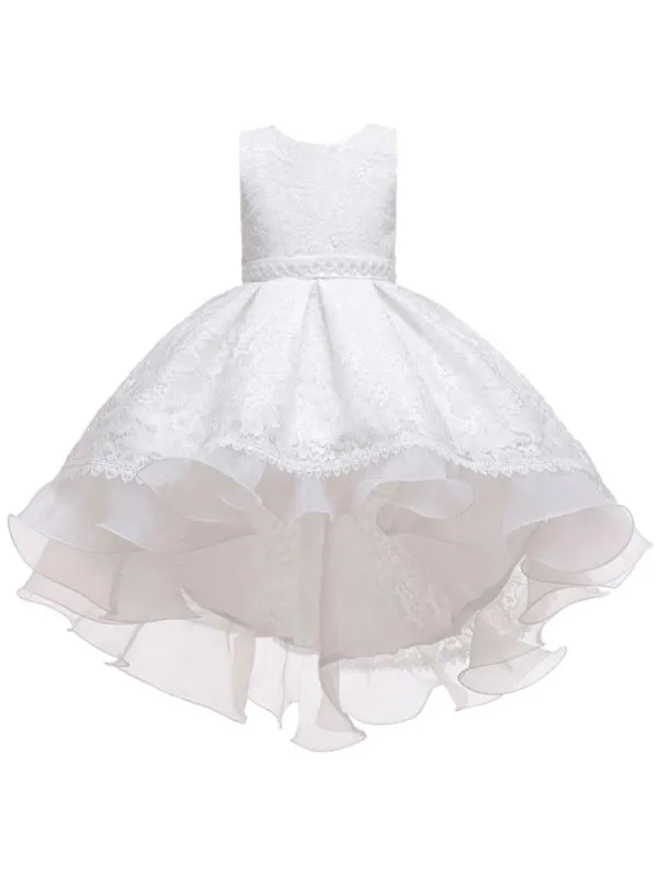 Jewel Neck Hi-Lo Flower Girl Dresses With Train Floral Lace Princess Wedding Party Dress