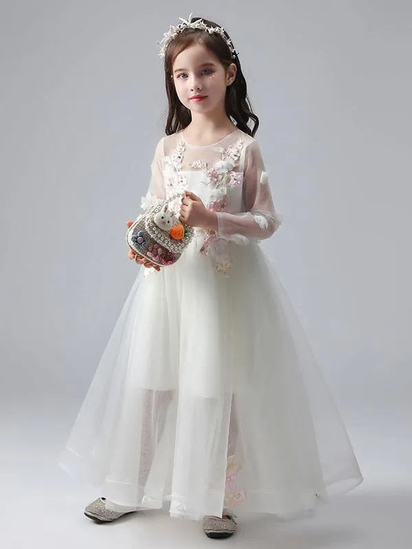 Jewel Neck Long Sleeves Ankle-Length Princess Dress Tulle Flowers Beaded Embroidered Formal Kids Pageant Dresses