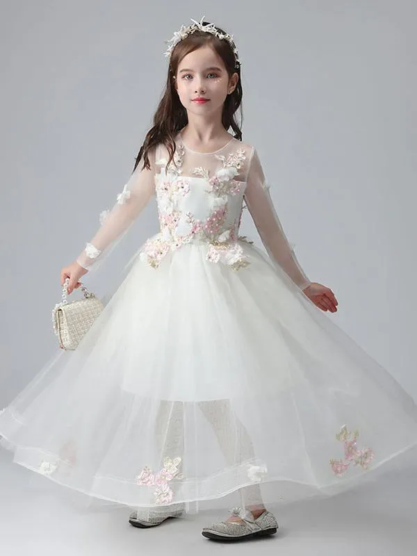 Jewel Neck Long Sleeves Ankle-Length Princess Dress Tulle Flowers Beaded Embroidered Formal Kids Pageant Dresses