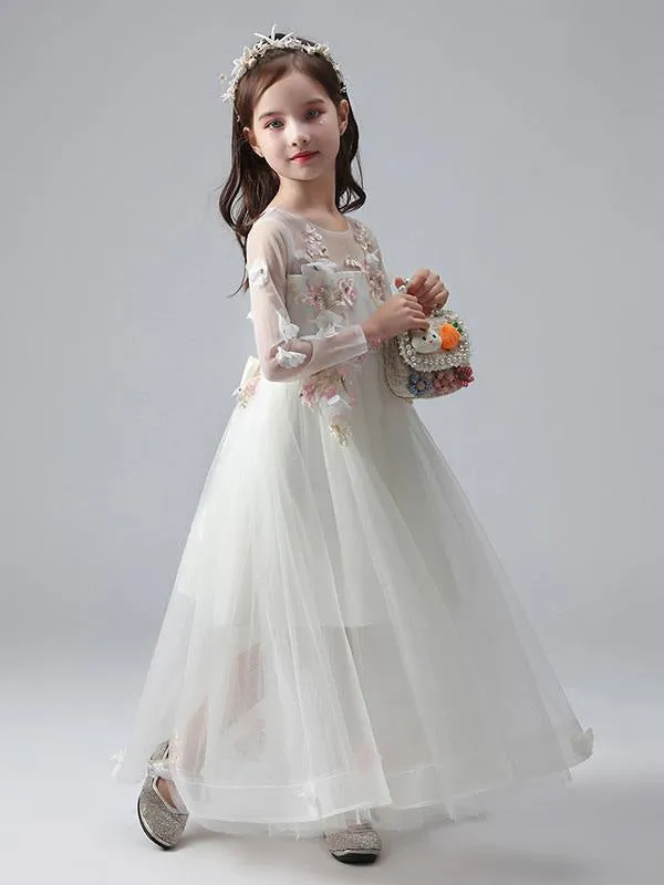 Jewel Neck Long Sleeves Ankle-Length Princess Dress Tulle Flowers Beaded Embroidered Formal Kids Pageant Dresses