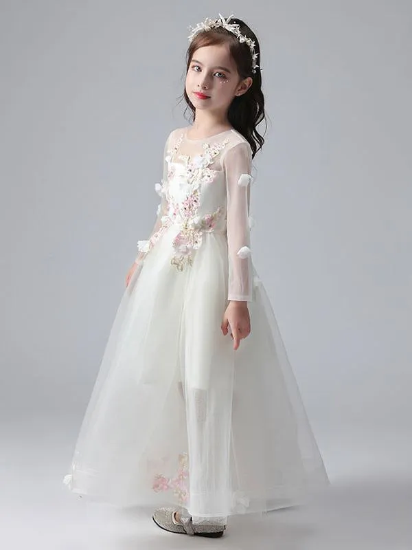 Jewel Neck Long Sleeves Ankle-Length Princess Dress Tulle Flowers Beaded Embroidered Formal Kids Pageant Dresses