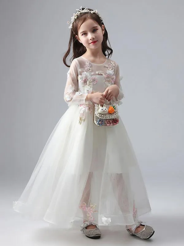 Jewel Neck Long Sleeves Ankle-Length Princess Dress Tulle Flowers Beaded Embroidered Formal Kids Pageant Dresses