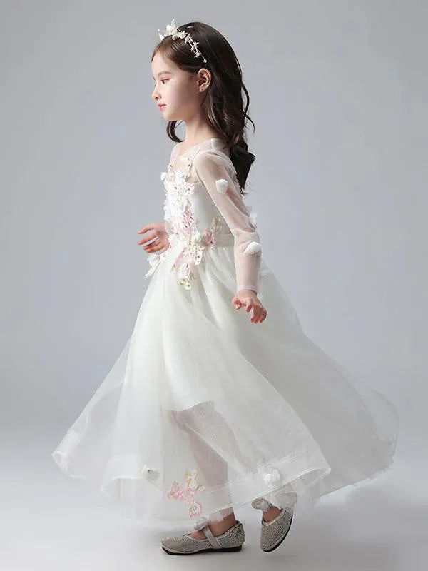 Jewel Neck Long Sleeves Ankle-Length Princess Dress Tulle Flowers Beaded Embroidered Formal Kids Pageant Dresses