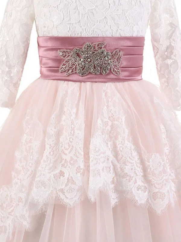 Jewel Neck Long Sleeves Sash Tulle Flower Girl Dresses Formal Wedding Party Dress for Kids