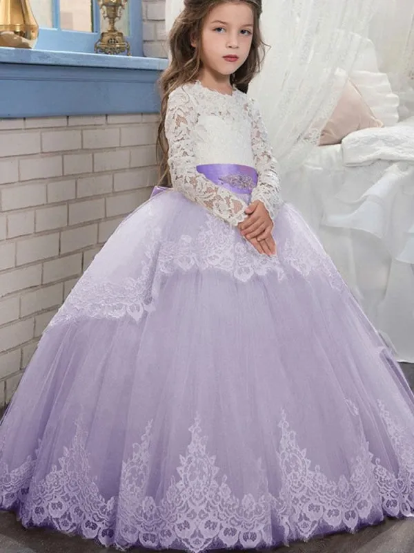 Jewel Neck Long Sleeves Sash Tulle Flower Girl Dresses Formal Wedding Party Dress for Kids