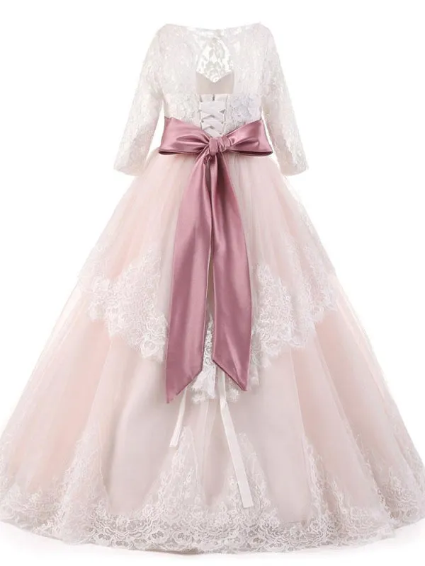 Jewel Neck Long Sleeves Sash Tulle Flower Girl Dresses Formal Wedding Party Dress for Kids