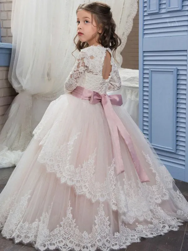 Jewel Neck Long Sleeves Sash Tulle Flower Girl Dresses Formal Wedding Party Dress for Kids