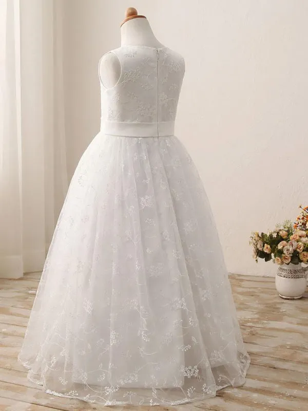 Jewel Neck Sleeveless White Flower Girl Dresses Floral Lace Tulle Long Dress for Party