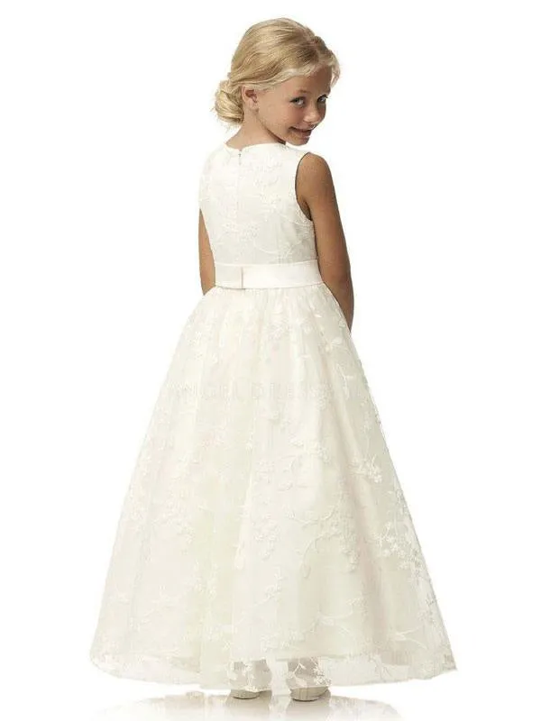 Jewel Neck Sleeveless White Flower Girl Dresses Floral Lace Tulle Long Dress for Party