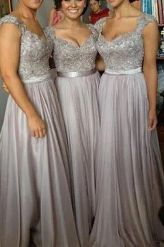 Lace Grey Long Chiffon Sexy Sweetheart Cap Sleeve A-Line Lace up Appliques Bridesmaid Dresses