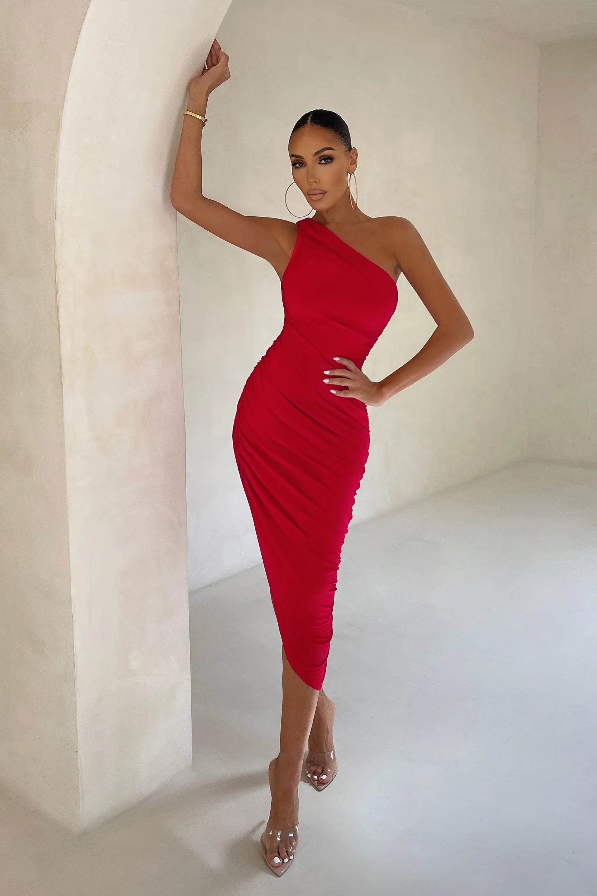 Late Night | Red Asymmetric One Shoulder Ruched Midi Dress