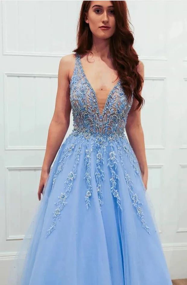 Light Blue Prom Dress V Neckline, Evening Dress ,Winter Formal Dress, Pageant Dance Dresses, Graduation School Party Gown, PC0241