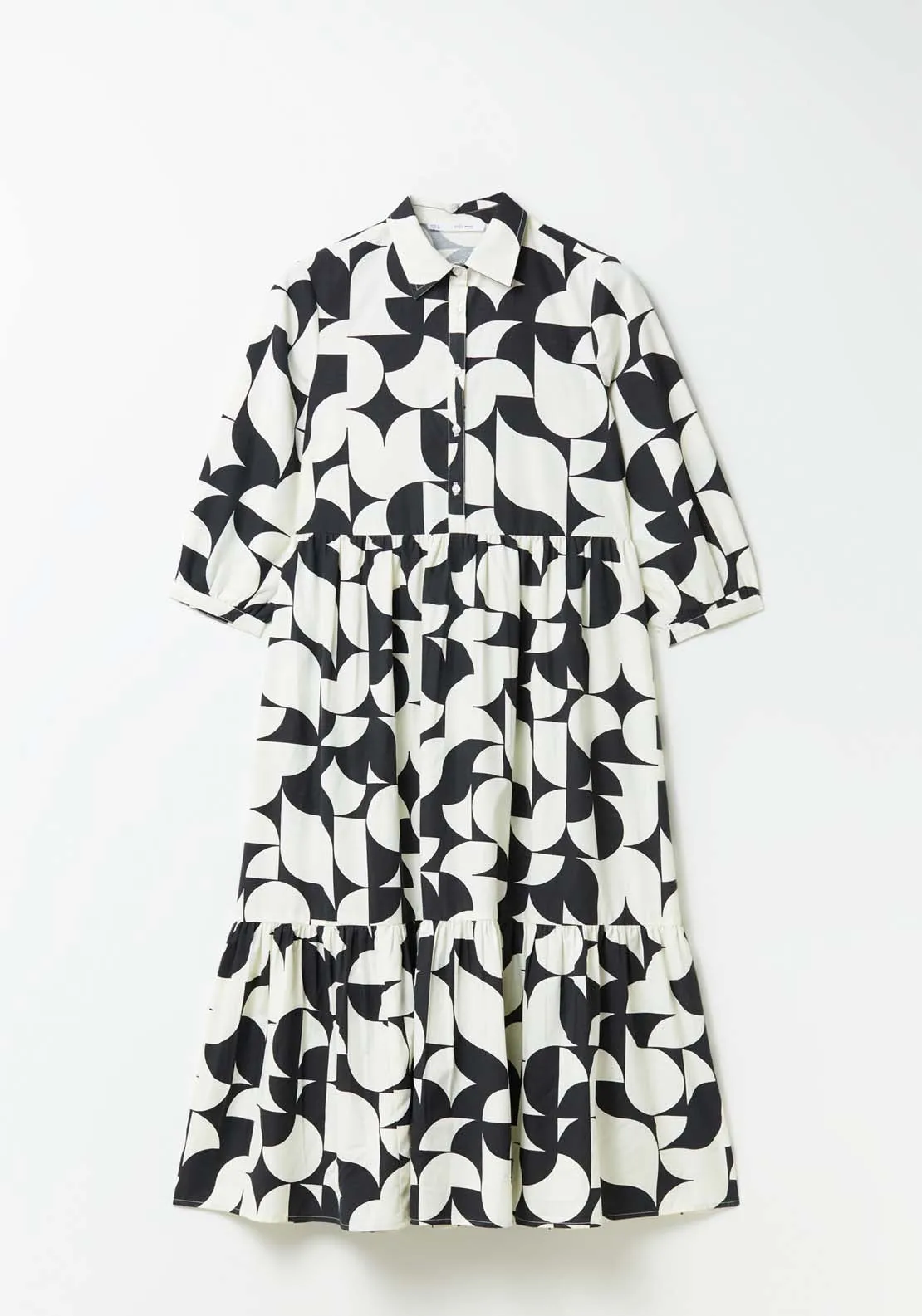 Long Sleeve Printed Dress - Black