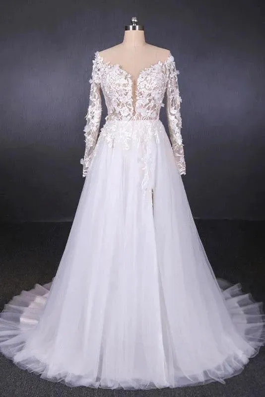 Long Sleeves White A-line Tulle Beach Wedding Dresses with Lace Appliques, Bridal Dress STK15255