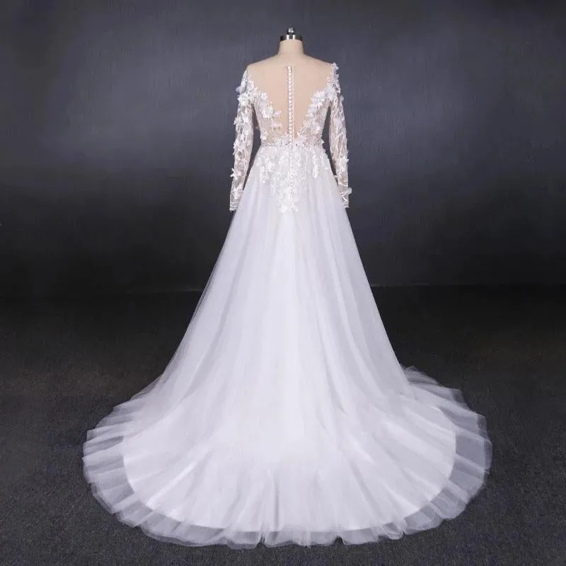 Long Sleeves White A-line Tulle Beach Wedding Dresses with Lace Appliques, Bridal Dress STK15255