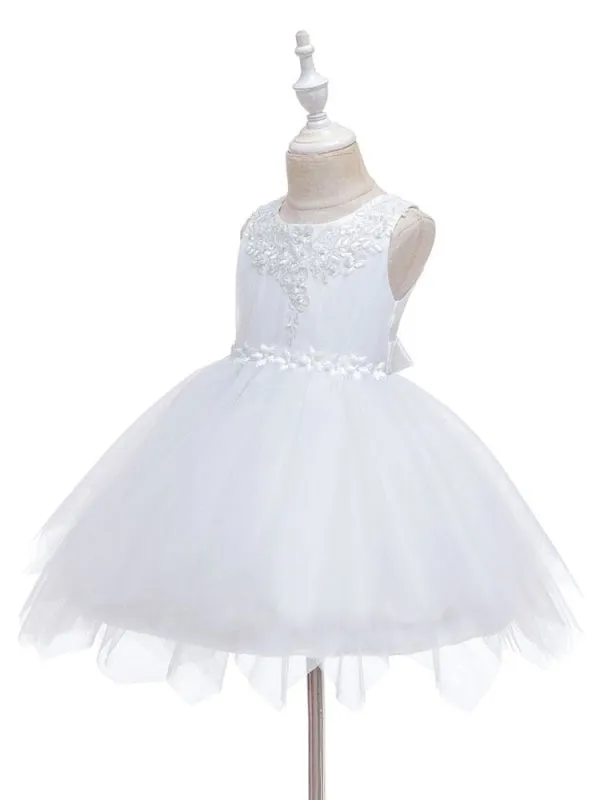 Lovely Princess Silhouette Flower Girl Dresses Jewel Neck Sleeveless Knee-Length Kids Social Party Dress