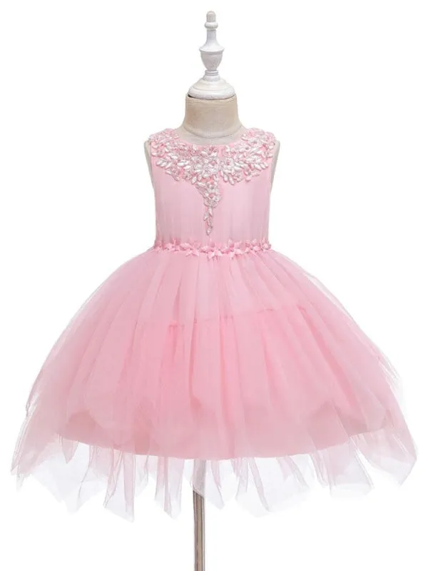 Lovely Princess Silhouette Flower Girl Dresses Jewel Neck Sleeveless Knee-Length Kids Social Party Dress