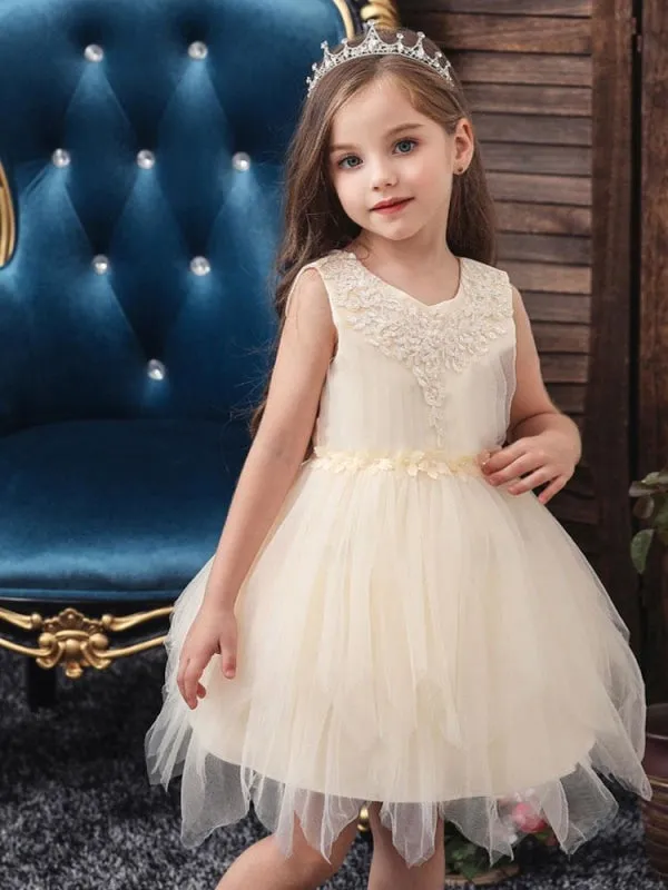 Lovely Princess Silhouette Flower Girl Dresses Jewel Neck Sleeveless Knee-Length Kids Social Party Dress