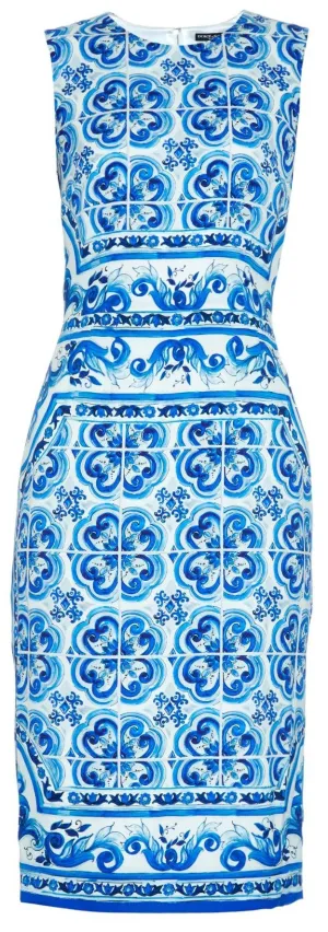 'Majolica' Tile Printed Pencil Dress in Blue & White