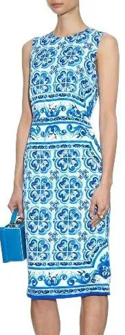 'Majolica' Tile Printed Pencil Dress in Blue & White