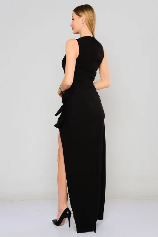 Maxi Sleevless Evening Gown with Beaded Slit and Big Bow Dresses - Black