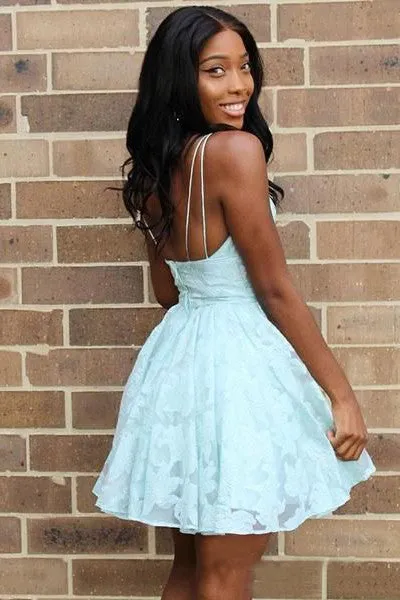 Mint Green Cute A Line V Neck Lace Sweet 16 Dresses Light Short Homecoming Dress