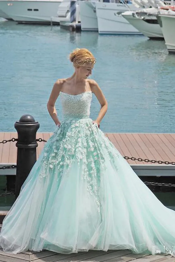 Mint Green Sleeveless Appliques Ball Gown Court Train Beading Long Prom Dresses