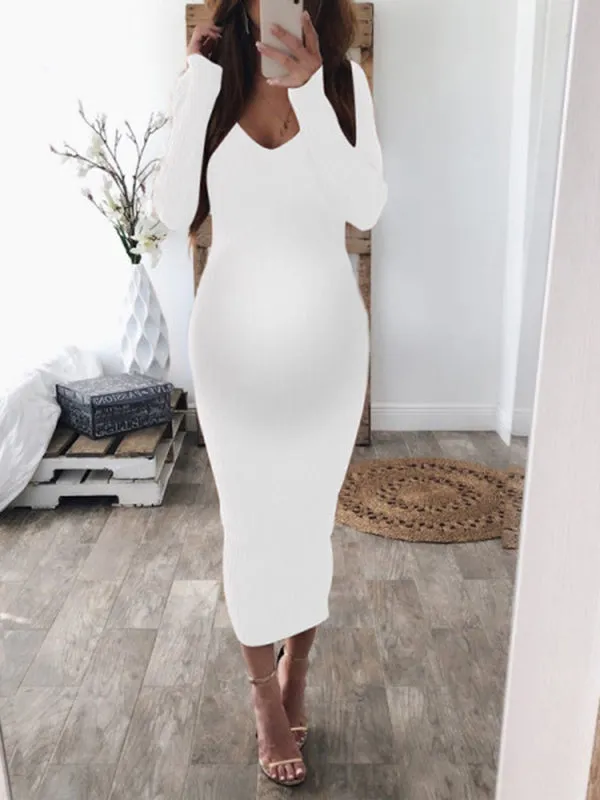 Momnfancy Bodycon V-neck Backless Long Sleeve Maternity Sweater Midi Dress