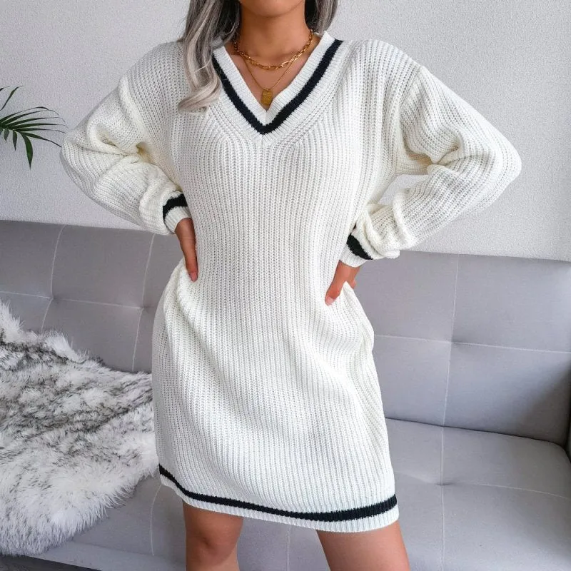 Off Shoulder Knitted Sweater Dresses For Women Autumn Winter Lantern Long Sleeve Dress Ladies Casual Dress White Black