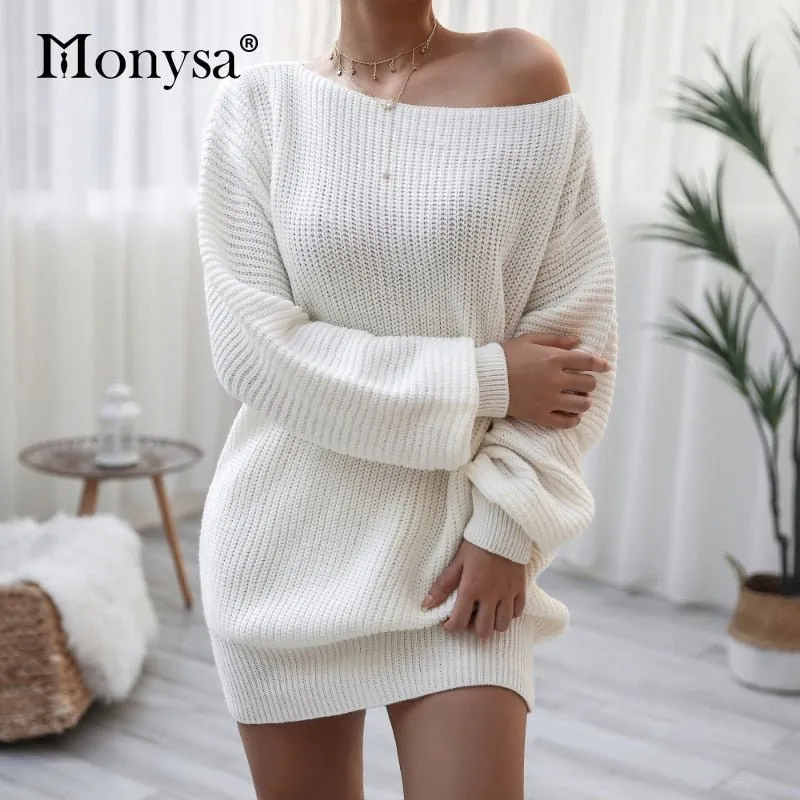 Off Shoulder Knitted Sweater Dresses For Women Autumn Winter Lantern Long Sleeve Dress Ladies Casual Dress White Black