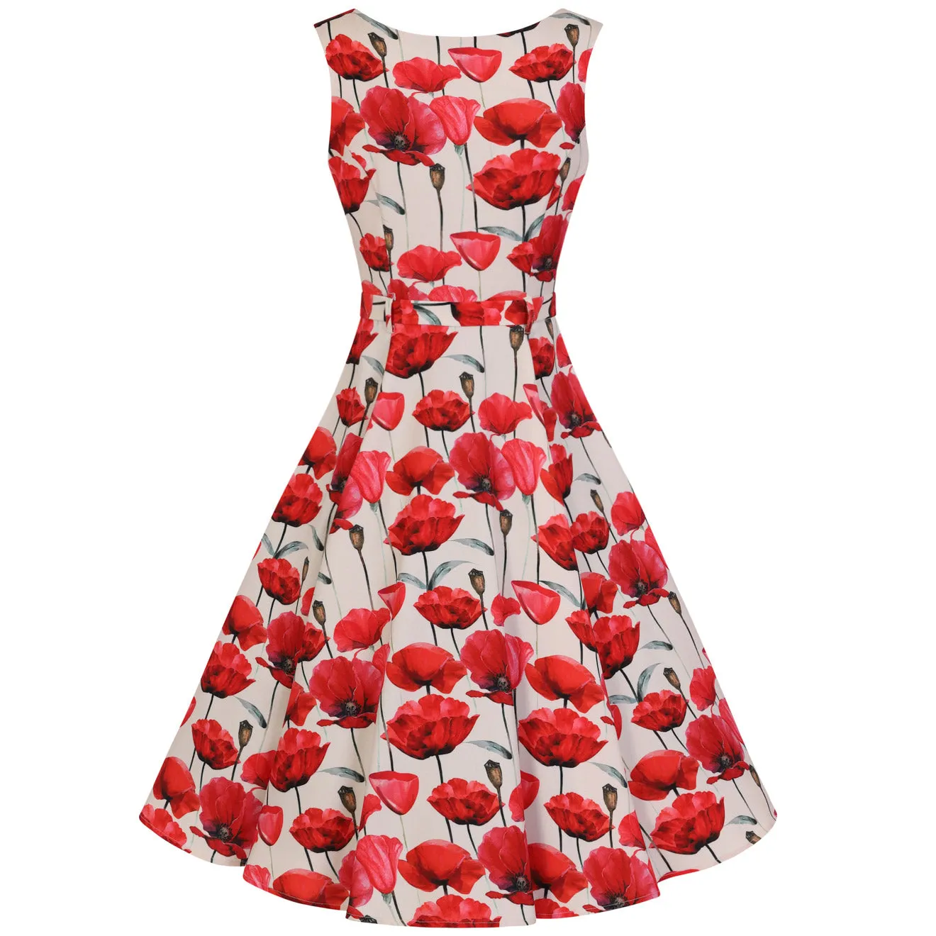 Off White Red Poppy Vintage Belted 1950s Swing Dress