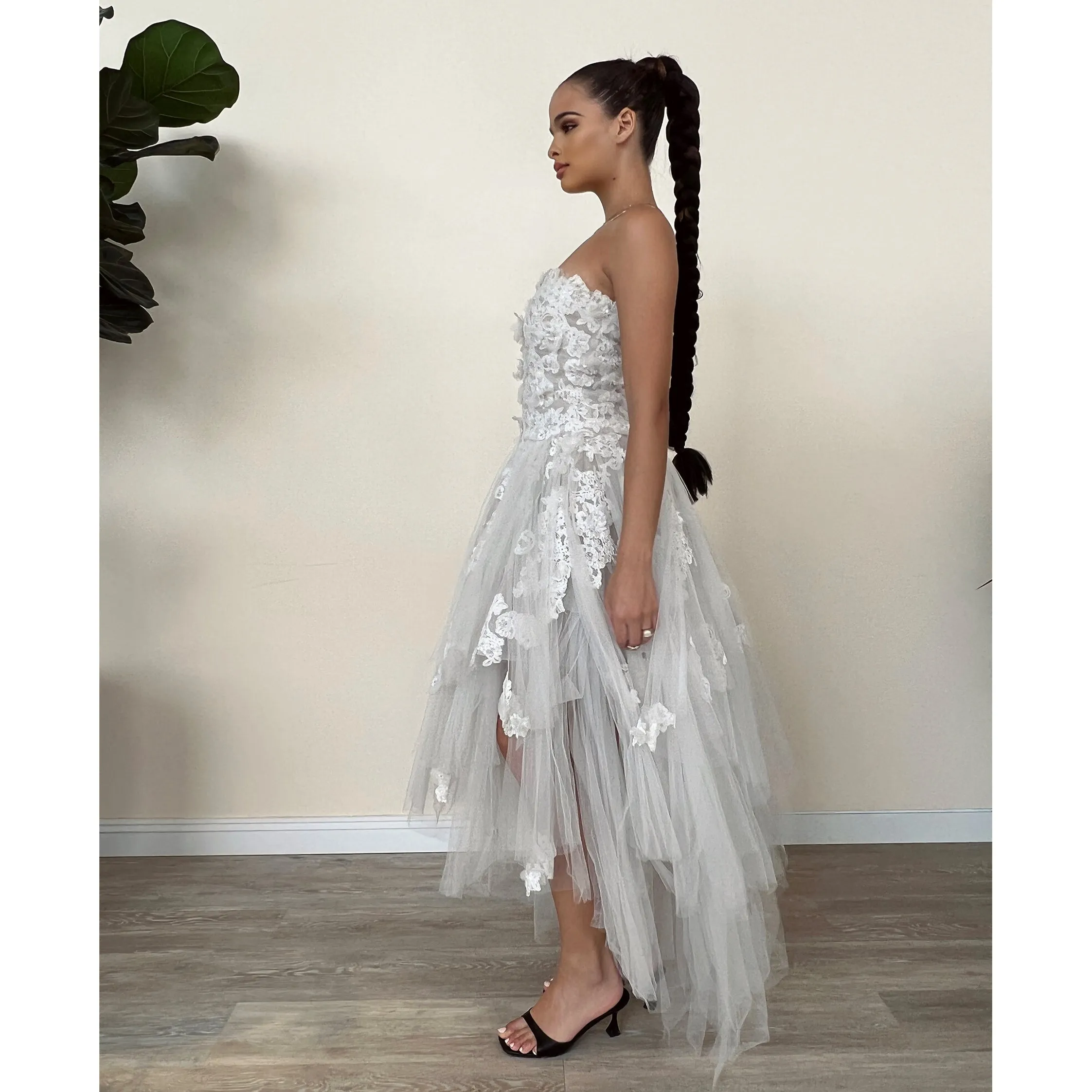 Off White Tiered Tulle French Lace  Dress