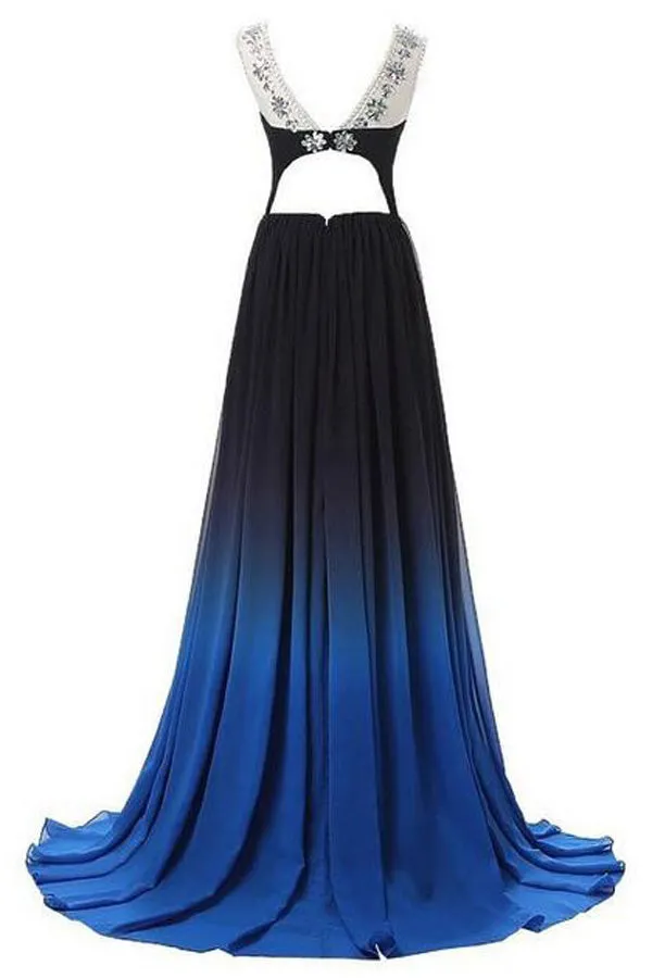 Ombre A Line Brush Train Sheer Neck Sleeveless Open Back Beading Prom Dresses