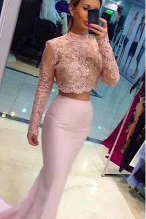 Pale Pink Two Pieces Long Sleeves Lace Mermaid See Through Jewel Neckline Prom Dresses