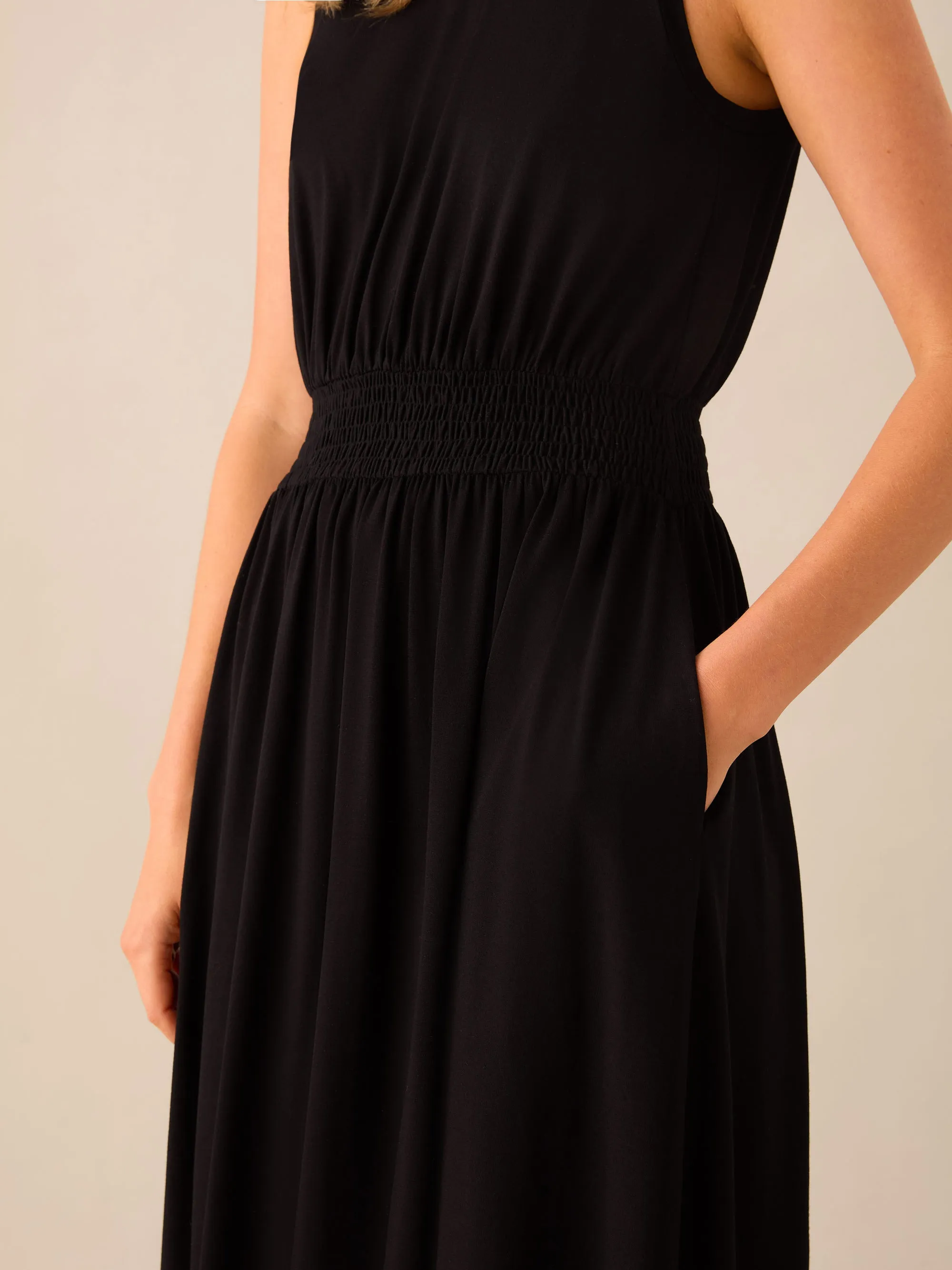 Petite Black Jersey Shirred Waistband Dress