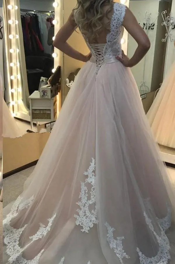 Pink A Line Sweep Train Sleeveless Mid Back Lace Up Appliques Long Prom Dresses