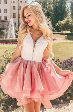 Pink V Neck Homecoming Dress With Lace Sweet A-Line V-Neck Sleeveless Short Prom Dresses