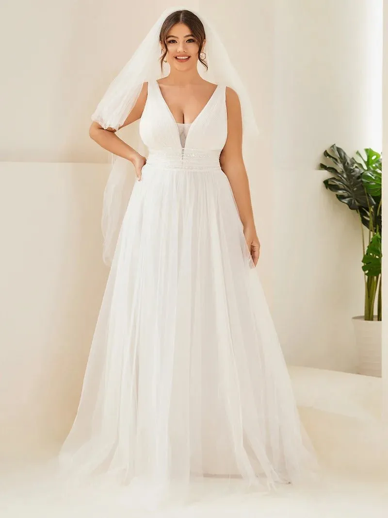 Plus Backless A Line Sleeveless Wedding Dresses with Deep V Neck