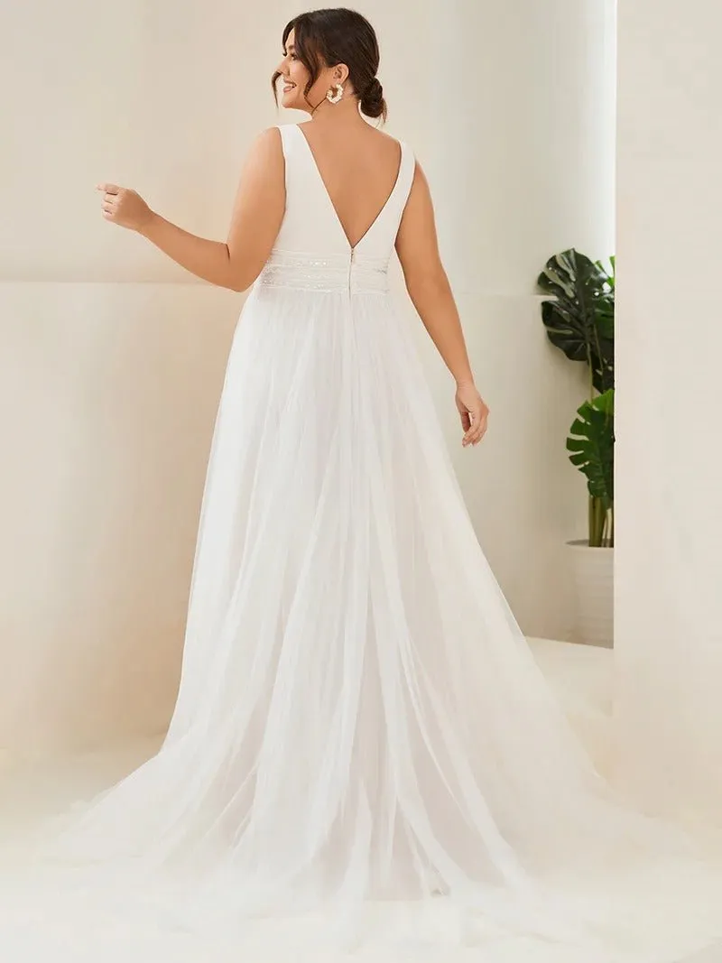 Plus Backless A Line Sleeveless Wedding Dresses with Deep V Neck