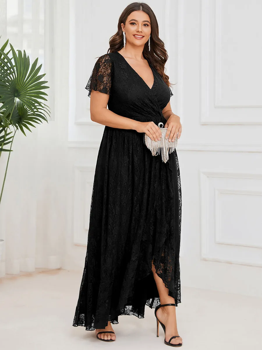 Plus Deep V Neck Short See Through Sleeves A Line Wholesale Evening Dresses