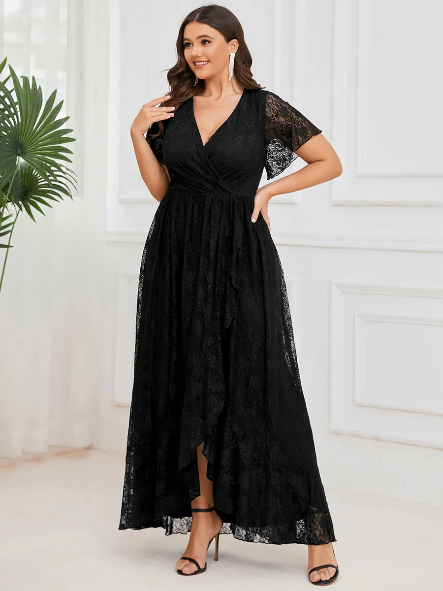 Plus Deep V Neck Short See Through Sleeves A Line Wholesale Evening Dresses