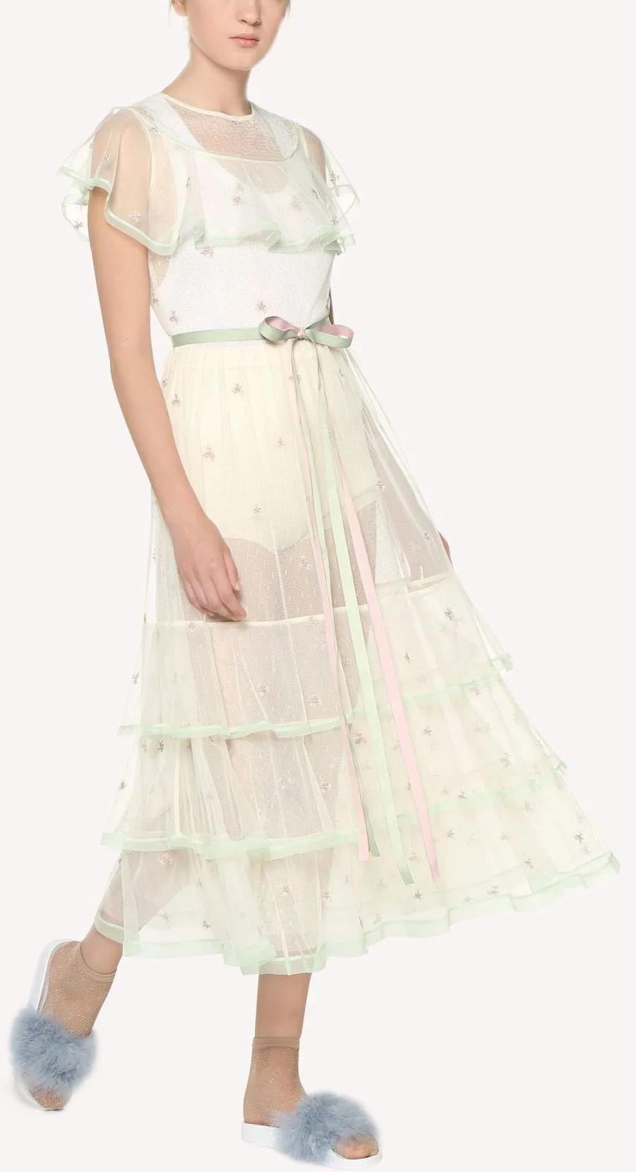 'Point D'esprit' Tulle Dress with Embroidery