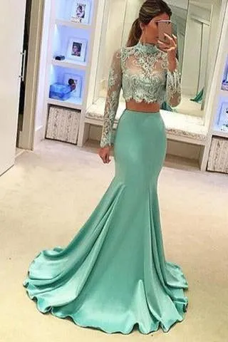 Pretty Two Pieces High Neck Long Sleeve Lace Prom Dress Sexy Mermaid Prom Dresses