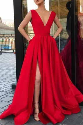 Red A Line Deep V Neck Split Prom Dresses with Pockets Strap High Slit Evening Dress