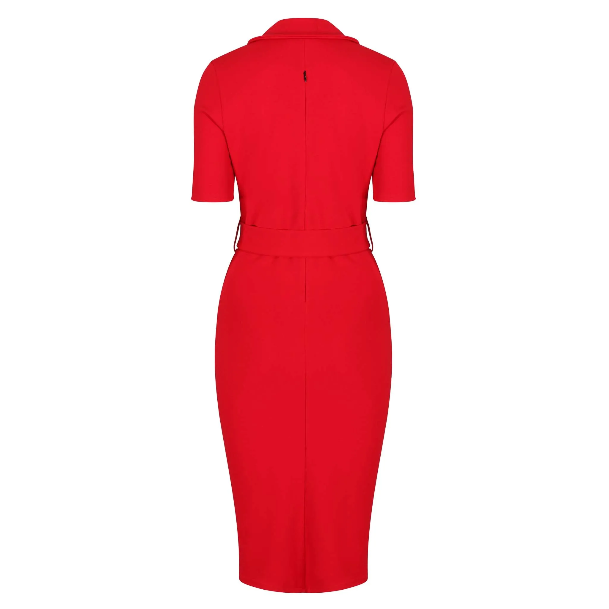 Elegant Red-Belted Half Sleeve Collared Wiggle Office Dress for Effortless Sophistication