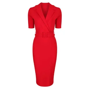 Elegant Red-Belted Half Sleeve Collared Wiggle Office Dress for Effortless Sophistication