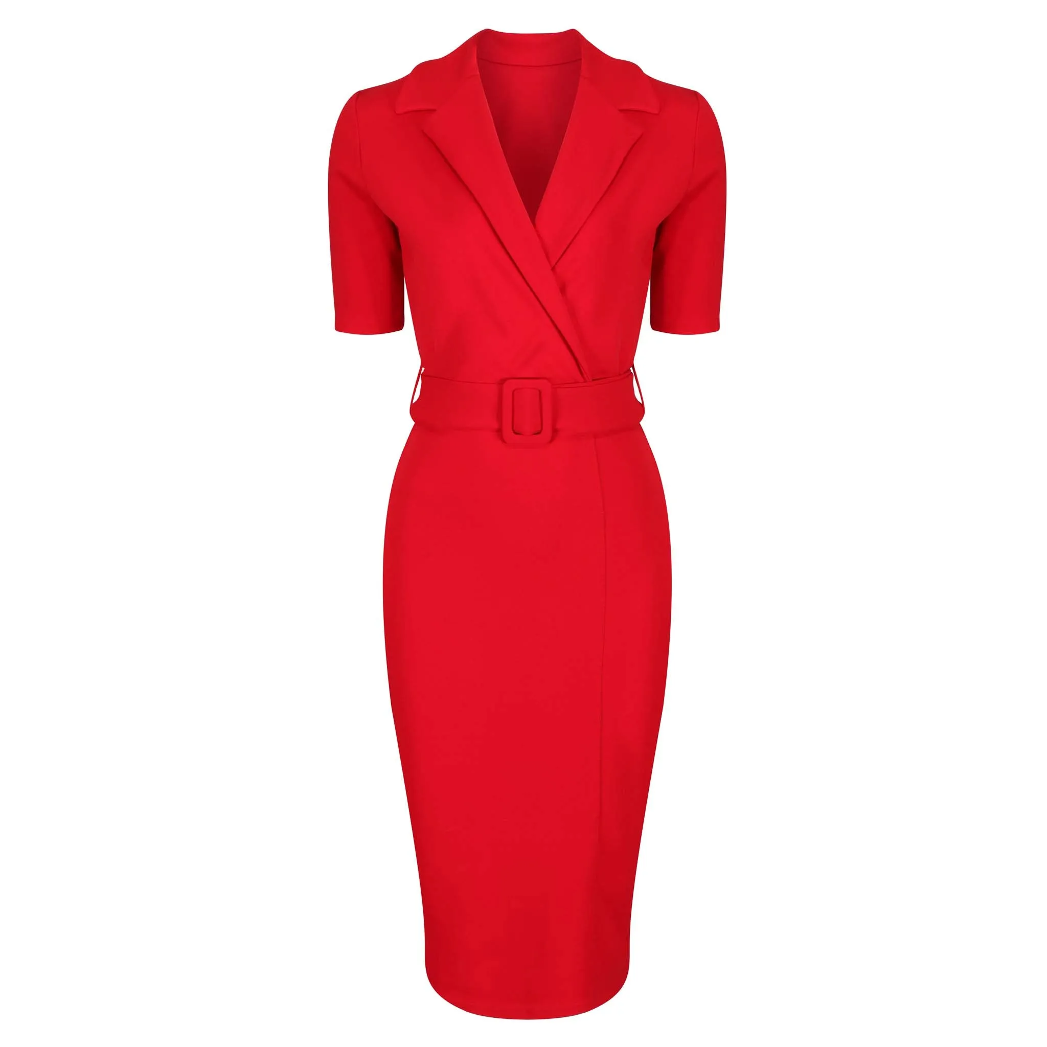 Elegant Red-Belted Half Sleeve Collared Wiggle Office Dress for Effortless Sophistication