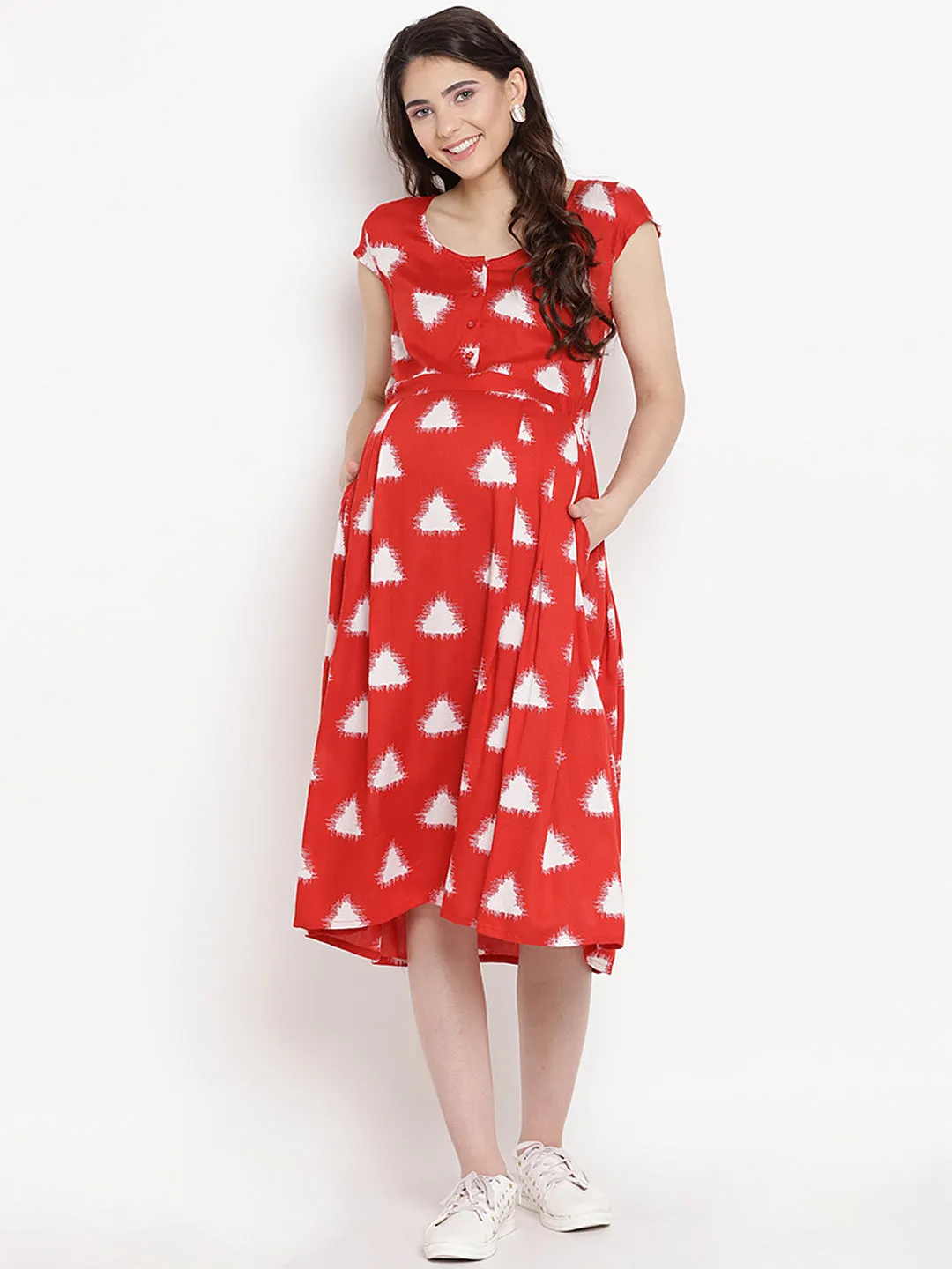 Red Geometric Print Maternity and Nursing Midi Dress