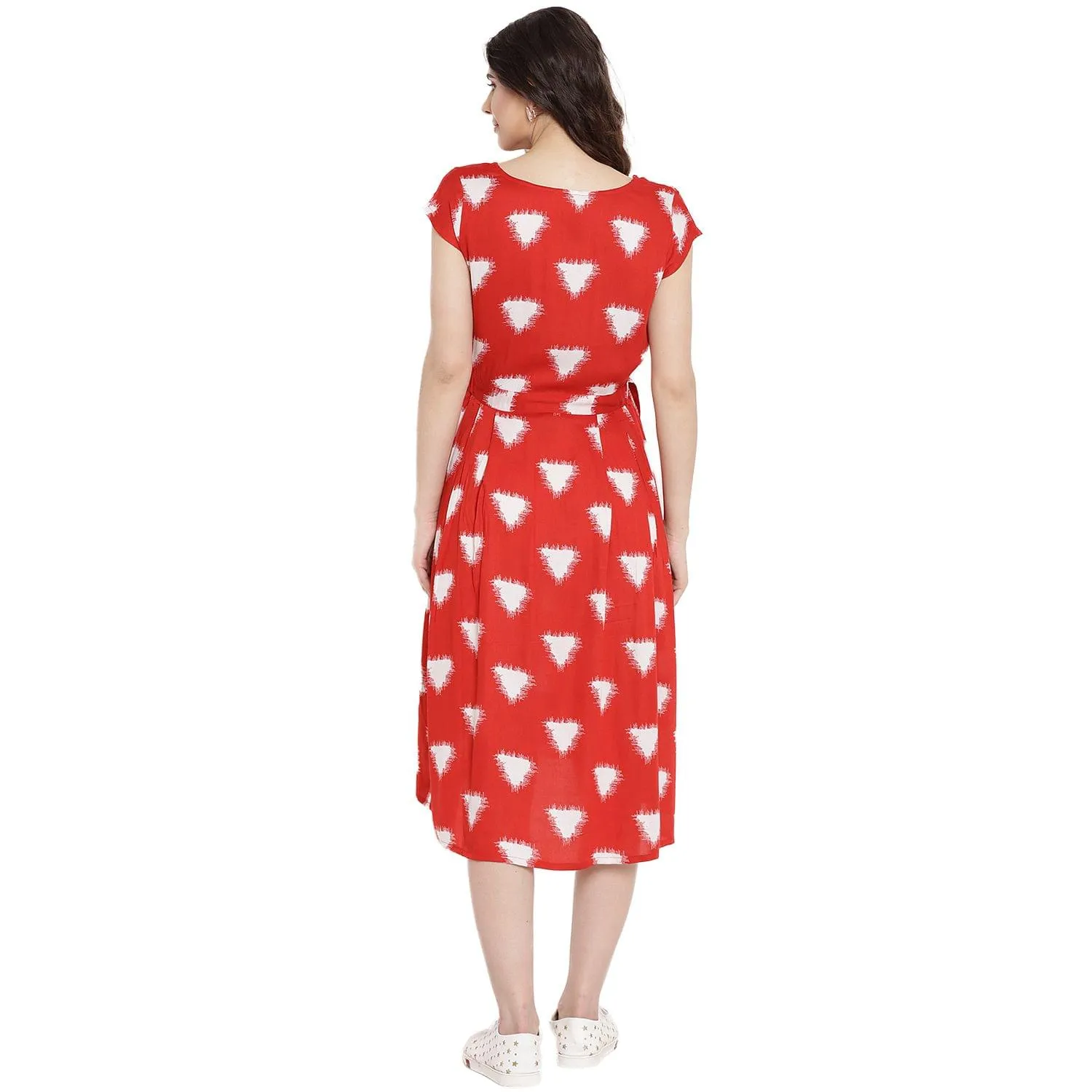 Red Geometric Print Maternity and Nursing Midi Dress