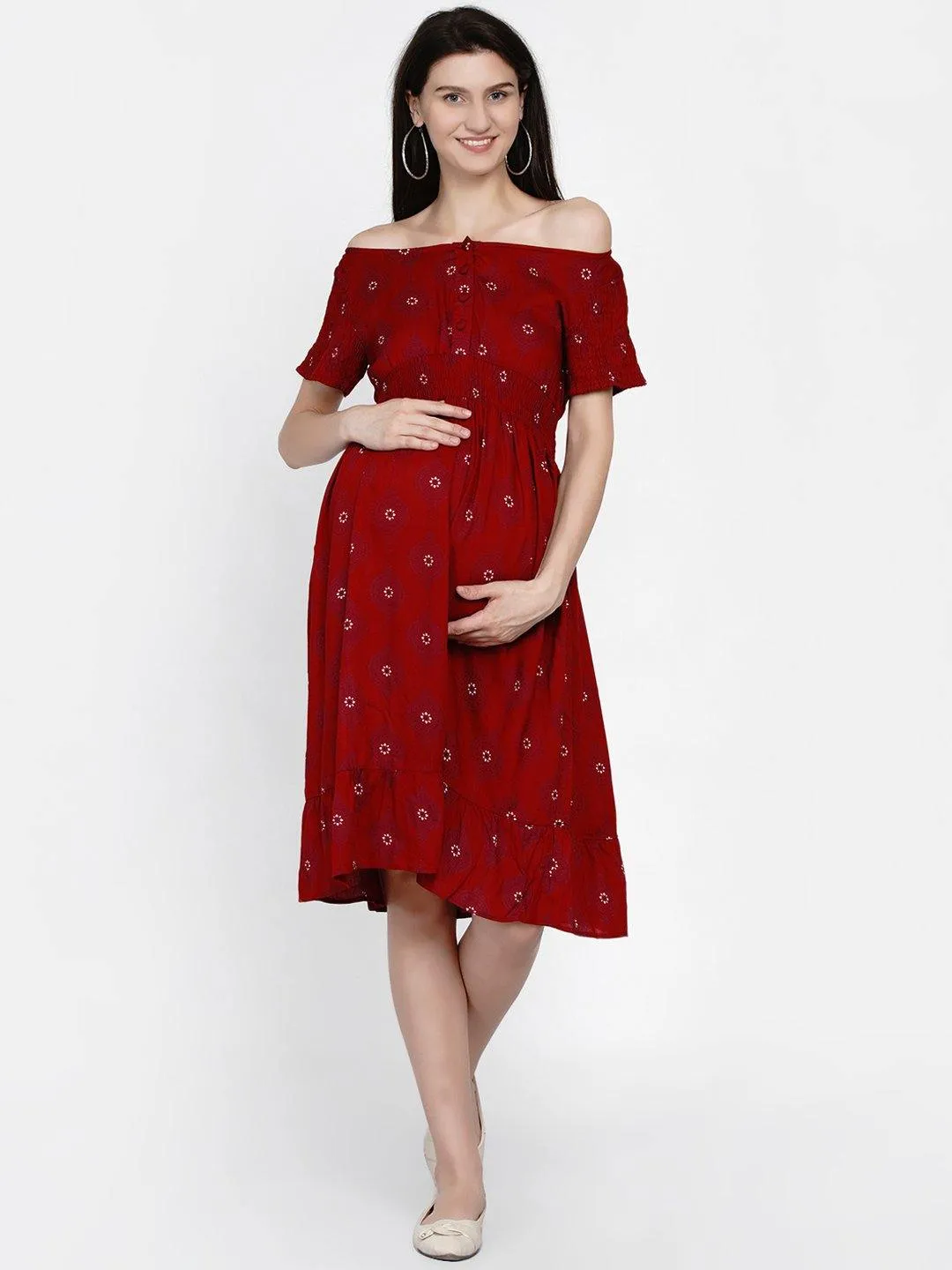 Red Geometric Printed Maternity and Nursing Midi Dress